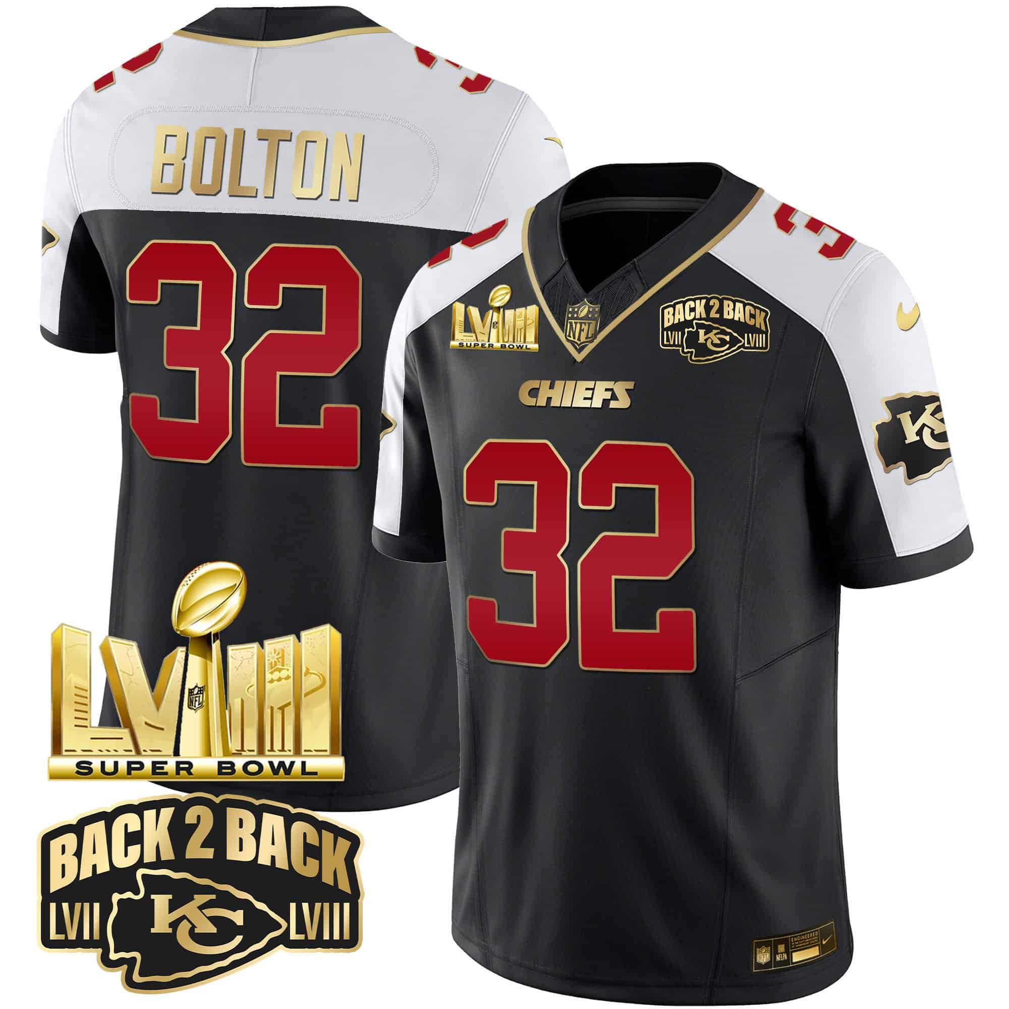 Men Kansas City Chiefs #32 Bolton Black 2024 Nike Super Bowl LVIII & Back-2-Back Gold Patch Vapor NFL Jersey